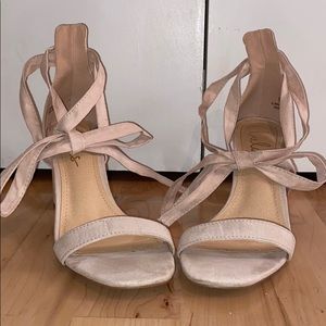 LULUS: Airis Light Nude Suede Lace-Up Heels